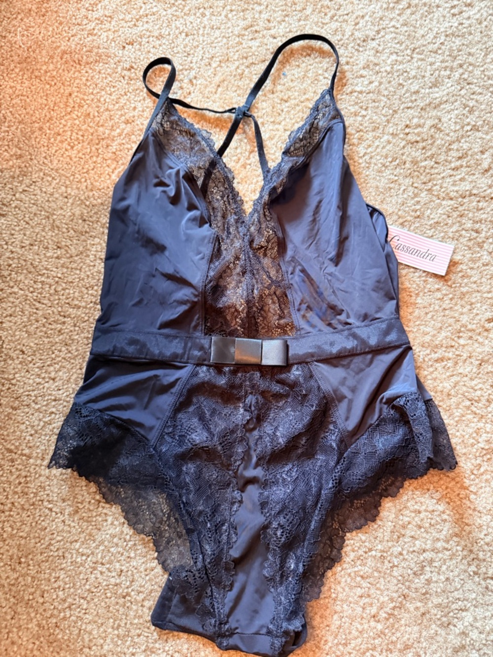 Black Lace Trim Teddy Bodysuit -Sz L